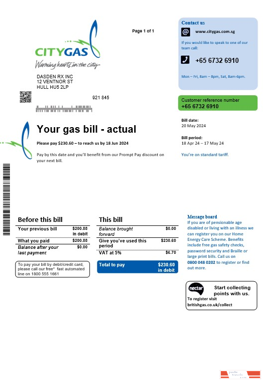 Singapore City Gas business utility bill template, fully editable in PSD formats PSD template